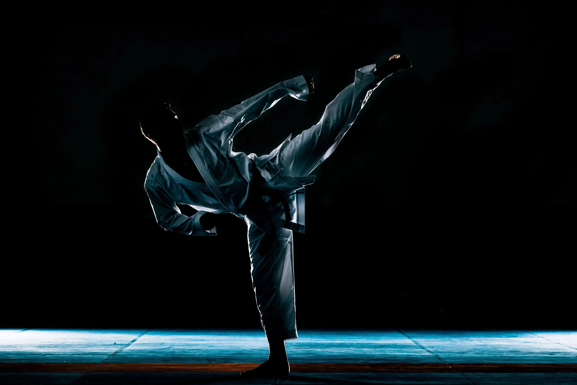 A karateka in a white gi delivering a high kick, backlit against a dark dojo floor.